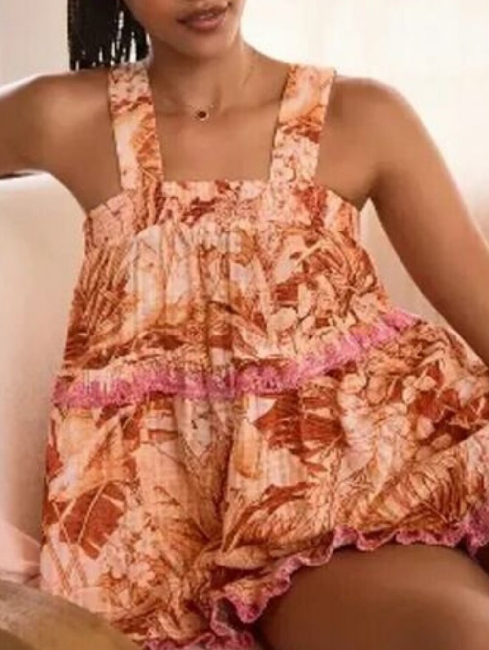 NWT Anthro Orange Floral Eyelet Tank Square Neck Flowy Smocked Sz Med